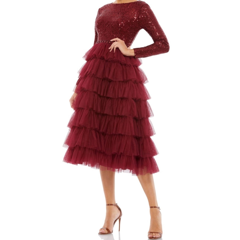 LONG SLEEVE RUFFLE TIERED MIDI DRESS